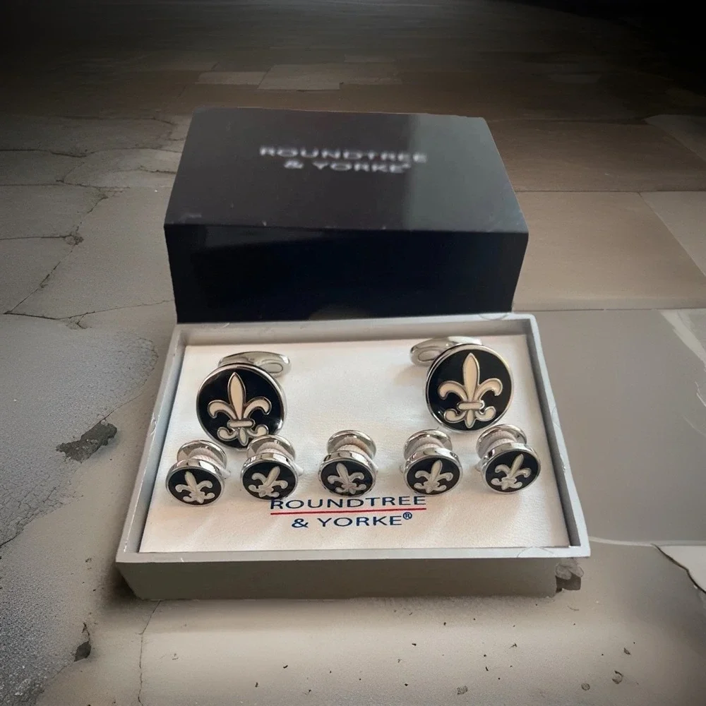 Roundtree And Yorke Cuff Link And Studs Fleur de Lis Silver Black Tux French